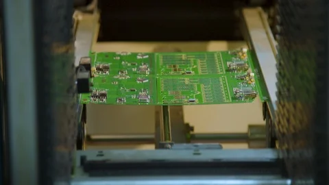 Industrial setup. Printed circuit board on the assembly line. Electronics Stock Footage 86798717