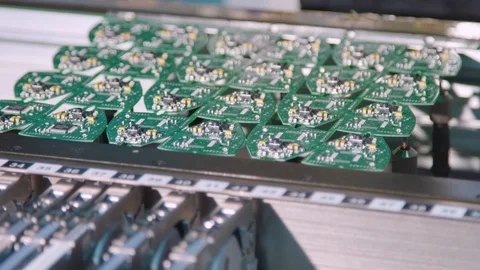 Industrial setup. Printed circuit board on the assembly line. Electronics Stock Footage 86798796