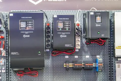 Industrial setup row of operational devices on metal framework, various con.. Stock Photos