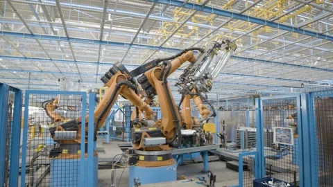 Industrial setup. Slow motion shot car factory production line. Car engine robot Video stock 90544113
