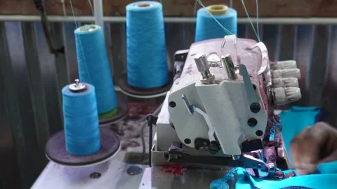Industrial Sewing Machine with Blue Thread Spools Stock Footage 326152058