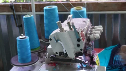 Industrial Sewing Machine Stitching Blue Fabric Stock Footage 326152111