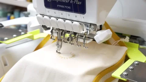 Industrial sewing machine stitching in close up shot Stock Footage 247122258