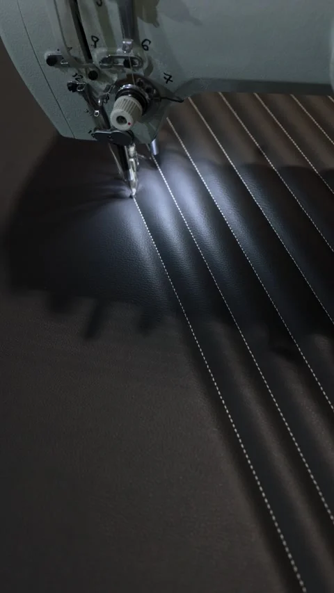 Industrial Sewing Machine Stitching Quilted Leather Stock Footage 329325784