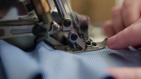Industrial Sewing Machine Stitching Technical Fabric Close Up Vídeos de archivo 328302748
