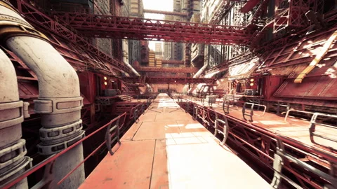 Industrial ship engine room with scattered equipment in amber glow Stock Footage 331521127