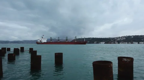 Industrial ship passing Bosphorus strait in Istanbul, Turkey Stock Footage 43159384