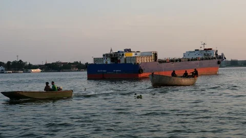Industrial ship in river Stock Footage 120528352