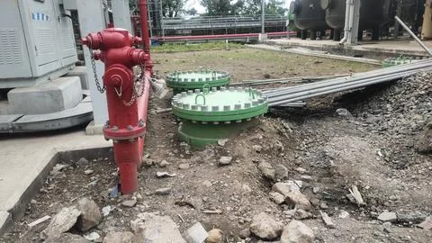 Industrial site featuring a fire hydrant and green access covers on a grave.. Stock Photos