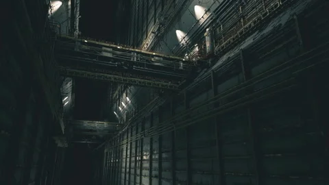 Industrial skylight chamber featuring catwalks and layered frameworks 動画素材 338343645