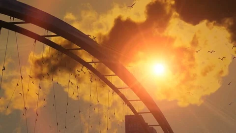 Industrial smoke cloud moving over bridge at sunset light Stock Footage 72861851