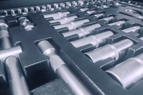 Industrial Socket Set inside Toolbox, Ratchet Socket Kit Stock Photos