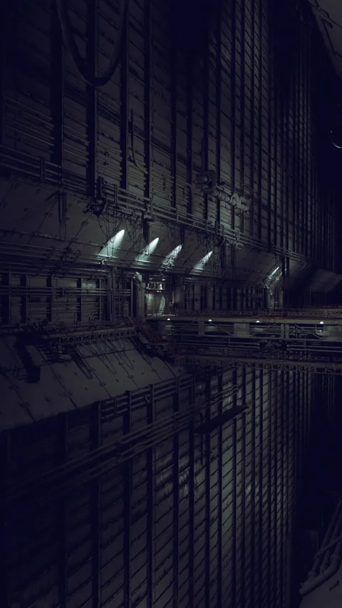 Industrial space at night with bright lights illuminating dark walls Stock Footage 339943335