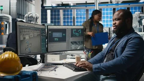 Industrial specialist handling the assembling process on computer Stock Photos