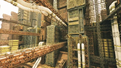 Industrial steam environment. Rusty platforms and steaming ducts form maze 動画素材 339790764