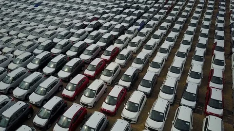 Industrial storage facility, drone flight over new vehicles in Singapore Asia Stock-Footage 78463702