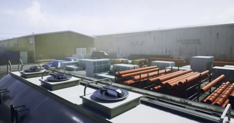 Industrial storage yard with stacked materials and machinery in clear weather Vídeo Stock 311802827