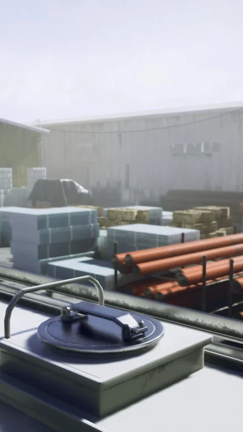 Industrial storage yard with stacked materials and machinery in clear weather Stock Footage 329939908