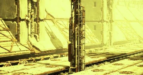 Industrial structure exhibits rust and decay in a yellow lit environment Stock Illustration