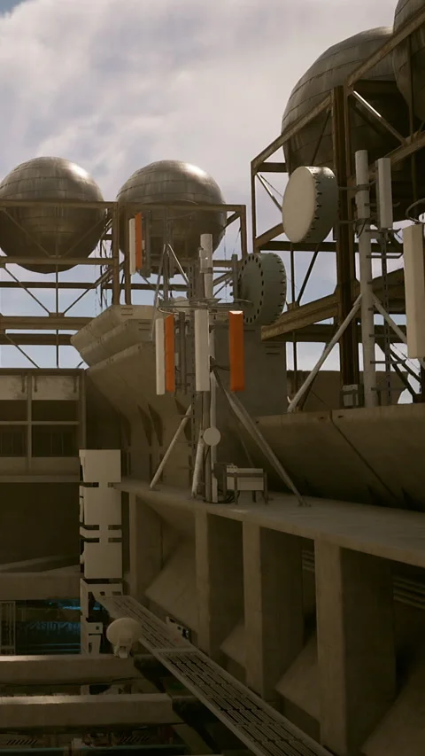 Industrial structure with large spheres and machinery in a modern setting Stock Footage 341261190