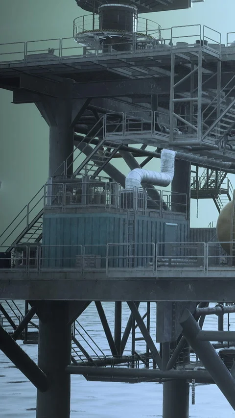 Industrial structure on an offshore platform near the coast at sunset Stock Footage 341975604