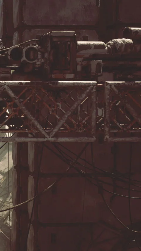 Industrial structure with pipes and cables in a vast desolate area Stock Footage 334172692
