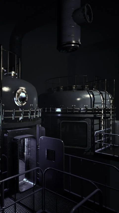 Industrial structures at night in a dark environment with limited light Stock Footage 338387848