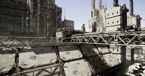 Industrial structures reflect decay and abandonment in a futuristic landscape Stock Illustration