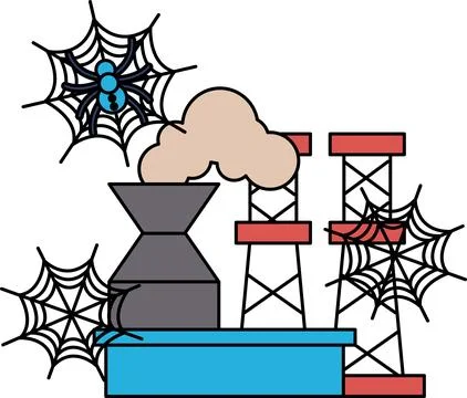Industrial structures stand abandoned, draped in spiderwebs Stock Illustration