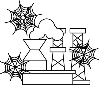 Industrial structures stand abandoned, draped in spiderwebs Stock Illustration