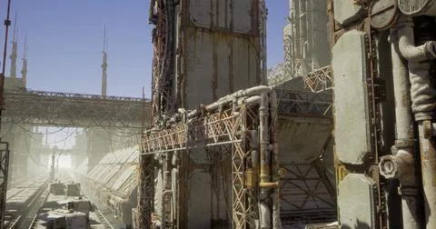 Industrial structures under clear blue sky in an abandoned futuristic setting 스톡 일러스트
