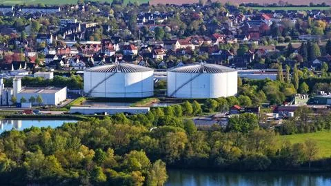 Industrial Sugar Processing Facility with Tanks, Pipelines and Energy Systems Stock Photos