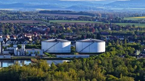 Industrial Sugar Processing Facility with Tanks, Pipelines and Energy Systems Stock Photos
