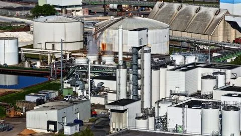 Industrial Sugar Processing Facility with Tanks, Pipelines and Energy Systems Stock Photos
