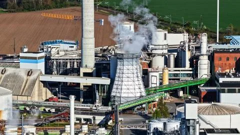 Industrial Sugar Processing Facility with Tanks, Pipelines and Energy Systems Stockfoto's