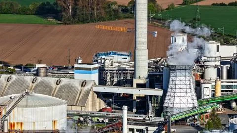 Industrial Sugar Processing Facility with Tanks, Pipelines and Energy Systems Stock Photos
