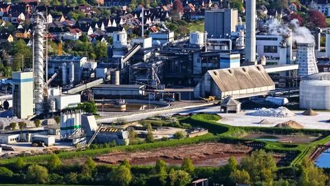 Industrial Sugar Processing Facility with Tanks, Pipelines and Energy Systems Stock Photos