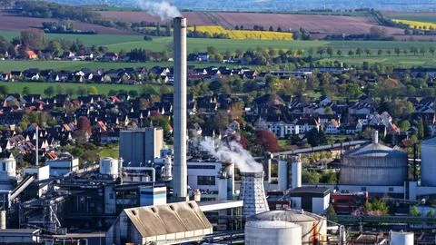 Industrial Sugar Processing Facility with Tanks, Pipelines and Energy Systems Stock Photos