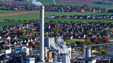 Industrial Sugar Processing Facility with Tanks, Pipelines and Energy Systems Stock Photos