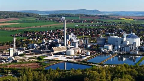 Industrial Sugar Processing Facility with Tanks, Pipelines and Energy Systems Stock Photos