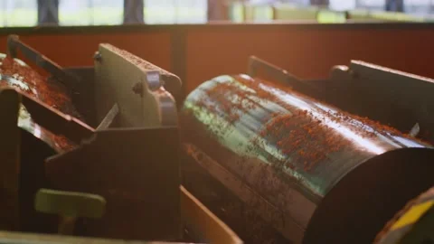Industrial tea processing machine with rotating drum close-up Stock Footage 335863828
