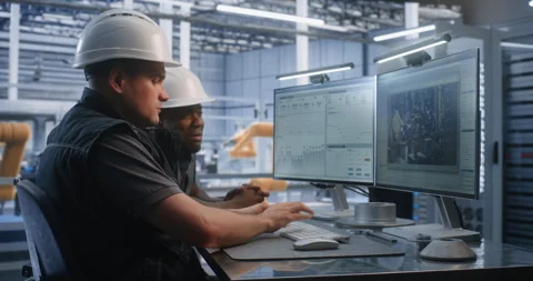 Industrial Team Analyzing Smart Factory Telemetry on Dual Monitors Stock Footage 344384891