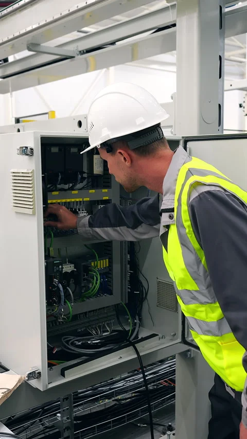 Industrial Technician Servicing Electrical Control Cabinet. Video stock 347265153