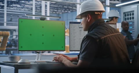 Industrial Technician working at Workstation with Green Screen Monitors in Stock Footage 344385099