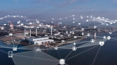 Industrial technology concept. Communication network. INDUSTRY 4.0. Factory auto Stock Footage 122058504