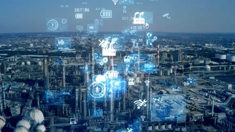 Industrial technology concept. Communication network. INDUSTRY 4.0. Factory auto Stock Footage 135855670