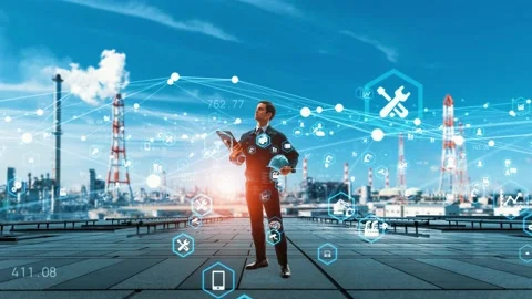 Industrial technology concept. Communication network. INDUSTRY 4.0. Factory auto Stock Footage 139389161