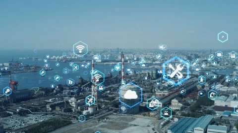 Industrial technology concept. Communication network. INDUSTRY 4.0. Factory auto Stock Footage 143949234