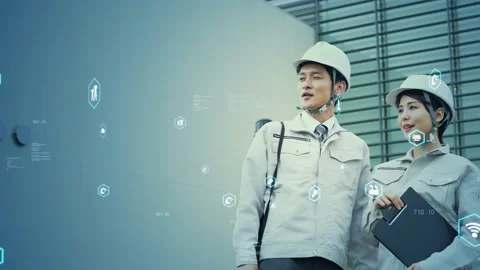 Industrial technology concept. Construction worker. Video stock 155797903