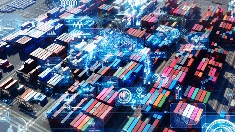 Industrial technology concept. Container terminal. Logistics. Communication netw Stock Footage 123287026